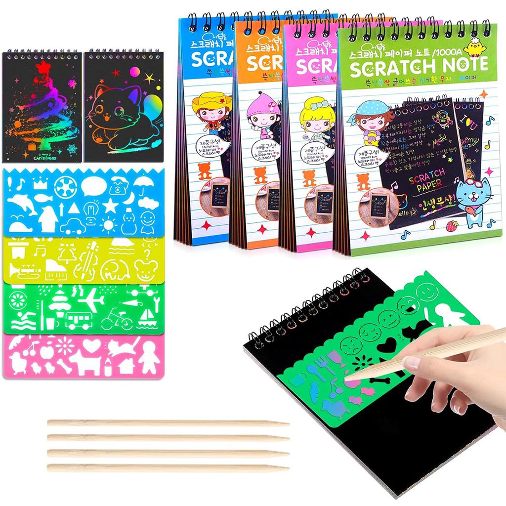 12 PCS Scratch Art Set 4 Rainbow Mini Notebooks 4 Stencil Sheets 4 Wooden Stylus Fun Drawing, Party Favors Creative Gifts