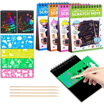 12 PCS Scratch Art Set 4 Rainbow Mini Notebooks 4 Stencil Sheets 4 Wooden Stylus Fun Drawing, Party Favors Creative Gifts