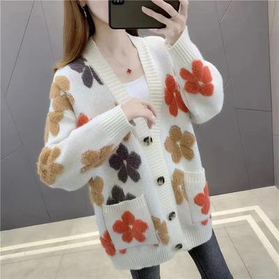 Stor storlek tröja kappa kvinnor Höstblomma Lös Bekväm Stretch Cardigan Pocket Casual Stickad Jacka