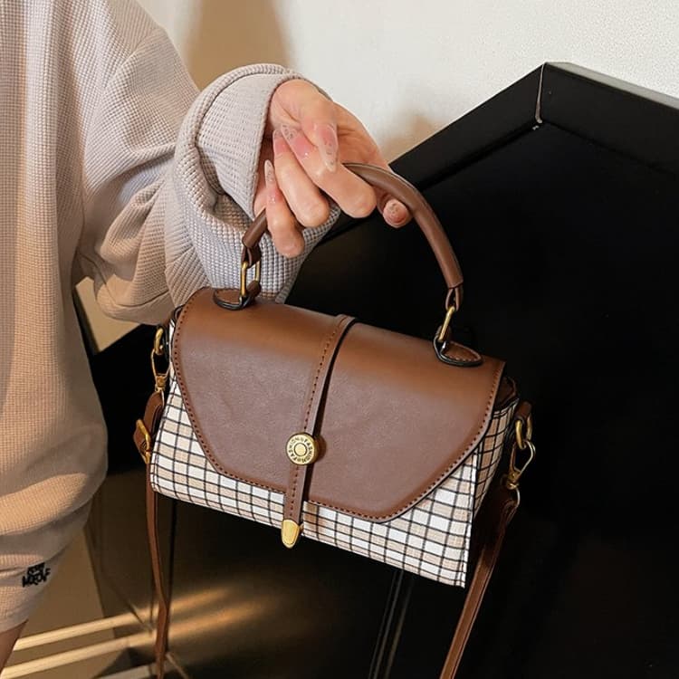 Plaid Splicing Flip Small Square Bag Women's Portable Messenger Bag