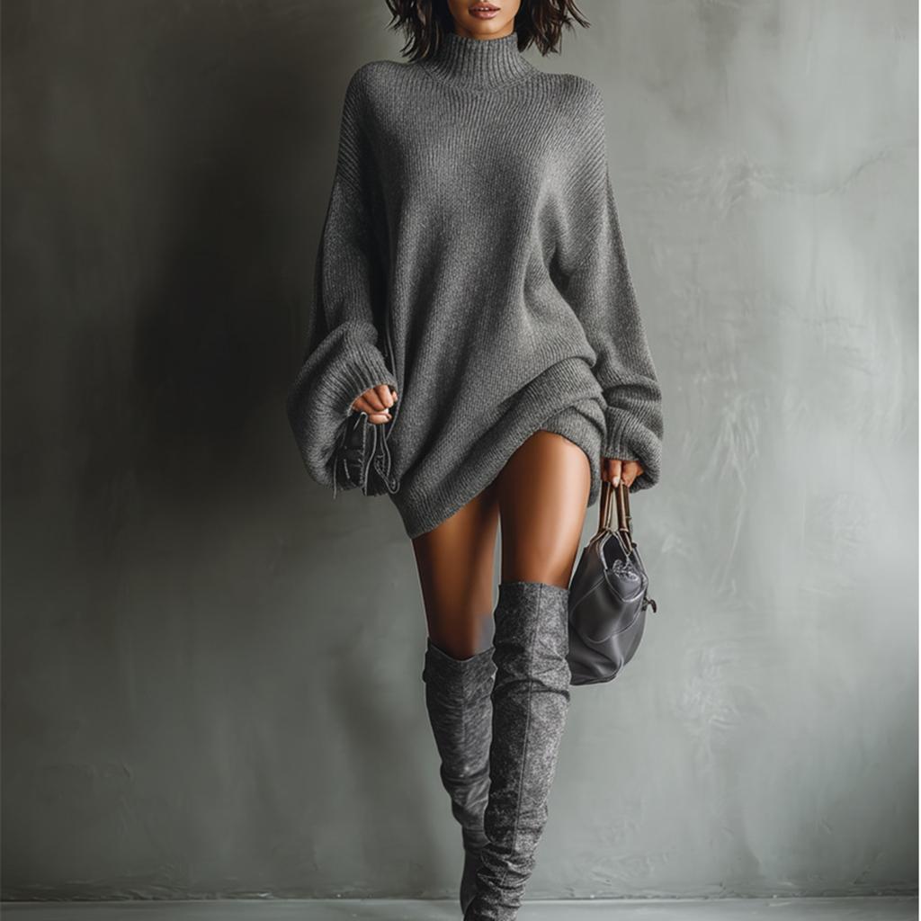 Women's Vintage Turtleneck Knit Sweater Dress with Loose Slouchy Fit for Casual Wear