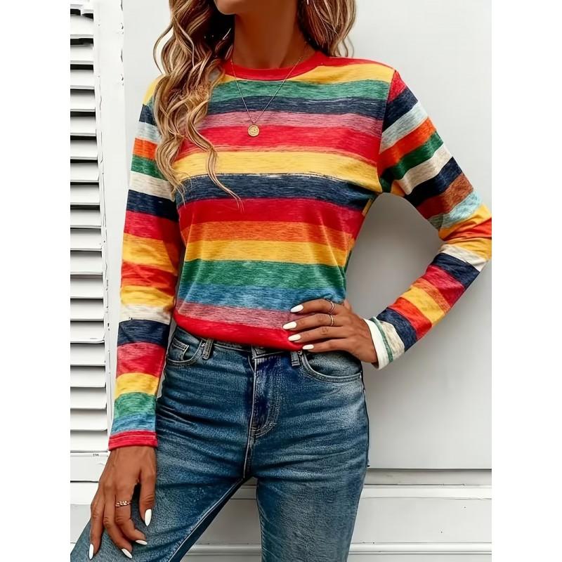 Color Block Striped Crew Neck Long Sleeve T-Shirt Slim Fit Casual Top Daily Wear