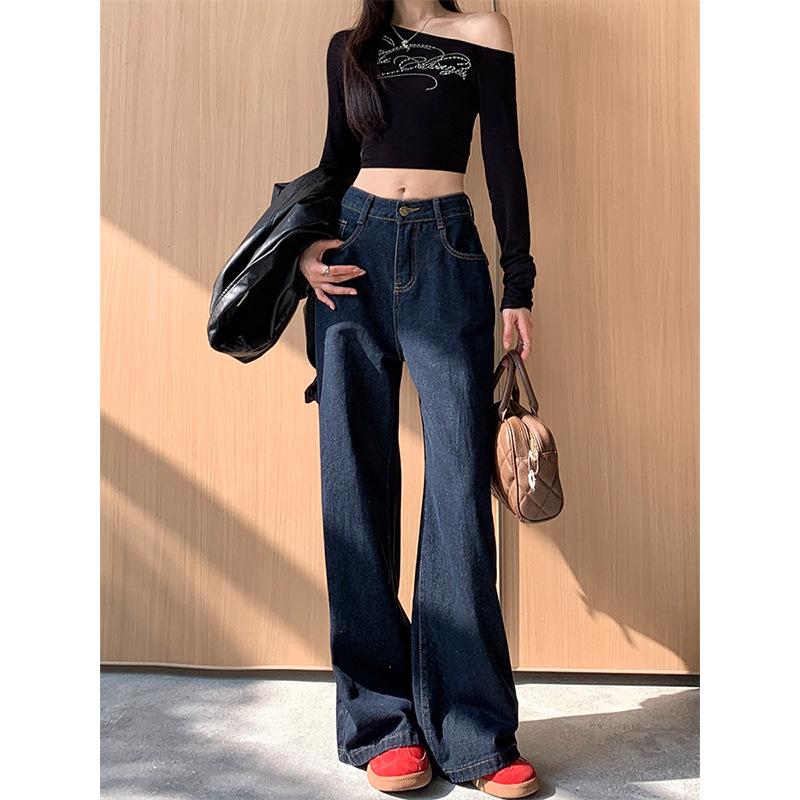 

Women s Hong Kong Retro Dark Blue Wide-Leg Jeans - Autumn/Winter Loose Straight-Leg Pants S темно-синий