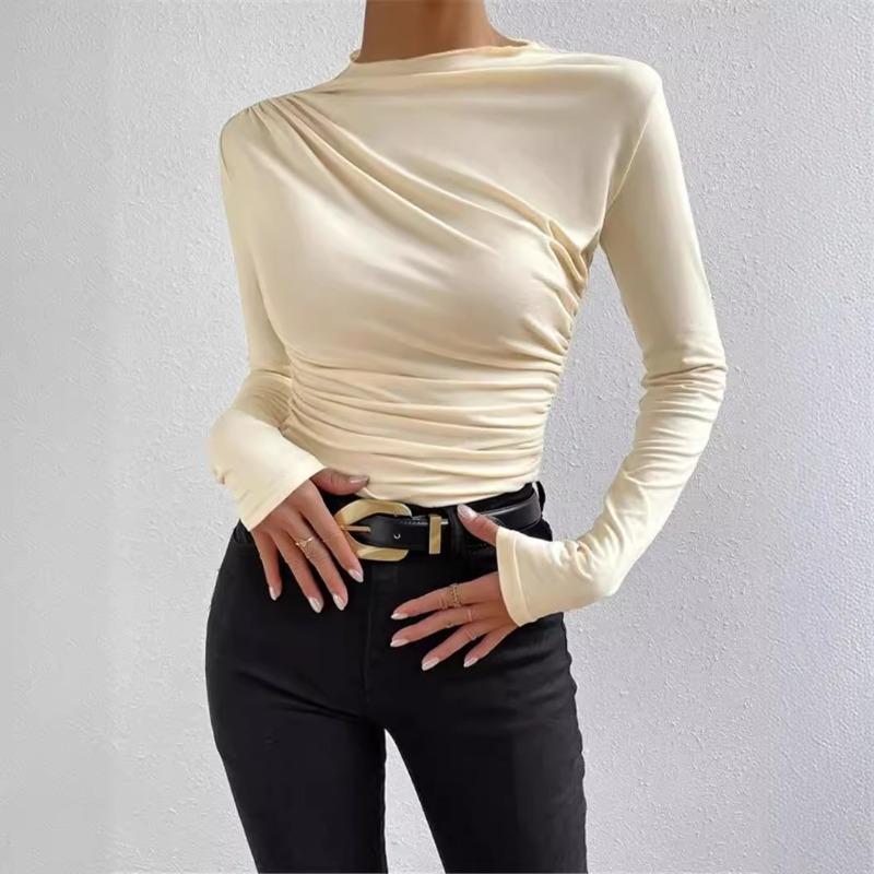 Maglia a tinta unita slim-fit con design plissettato versatile, a maniche lunghe, top da donna