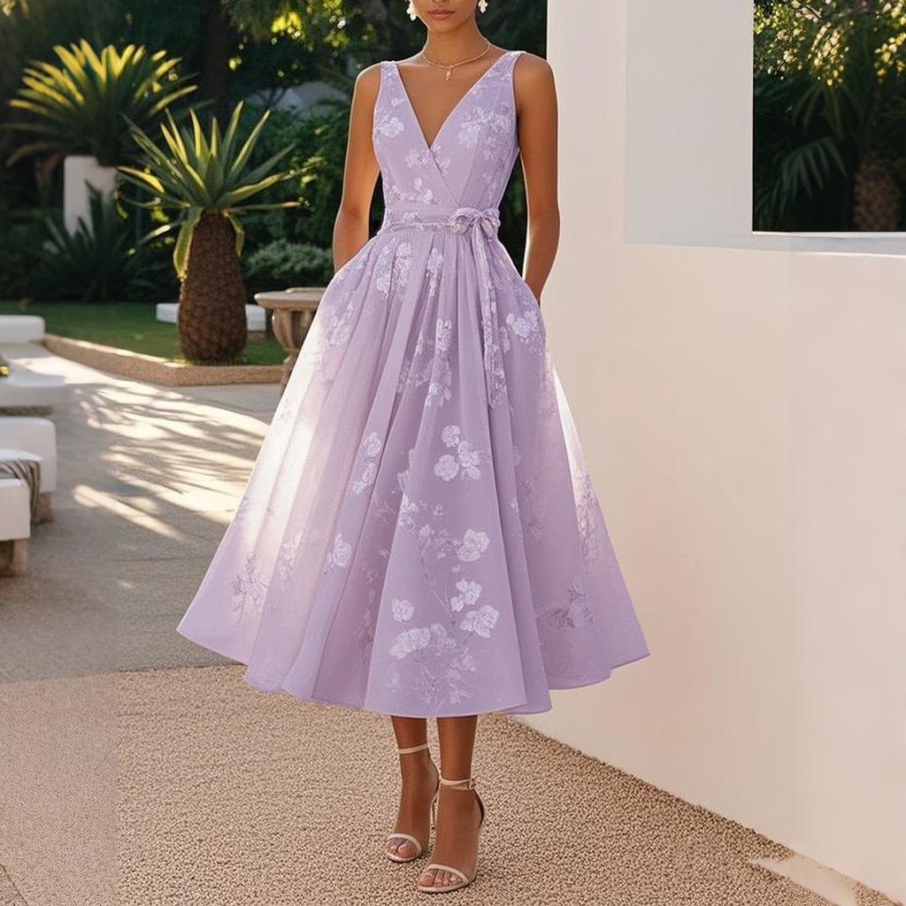 Sleeveless V Neck Floral Print Midi Dress Wrap Waist Tie Elegant Evening Party Dress for Women
