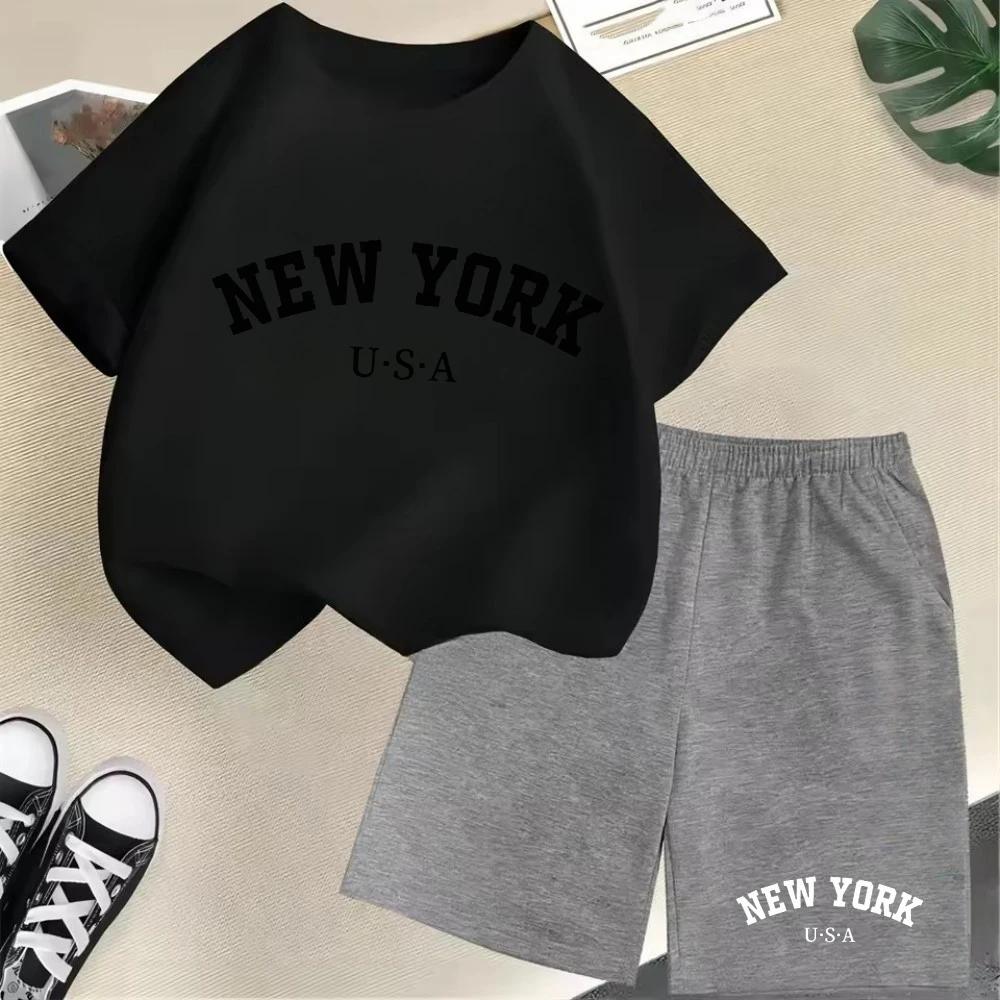 2026 New Kids Boys Girls New York Letter Pattern Polyester T-shirt+Shorts 2-Piece Set Casual Daily