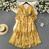 Autumn Vintage Women Floral Midi Dress Elegant V-Neck Lantern Long Sleeve Ruffle Hem A-Line  New Dresses For Woman