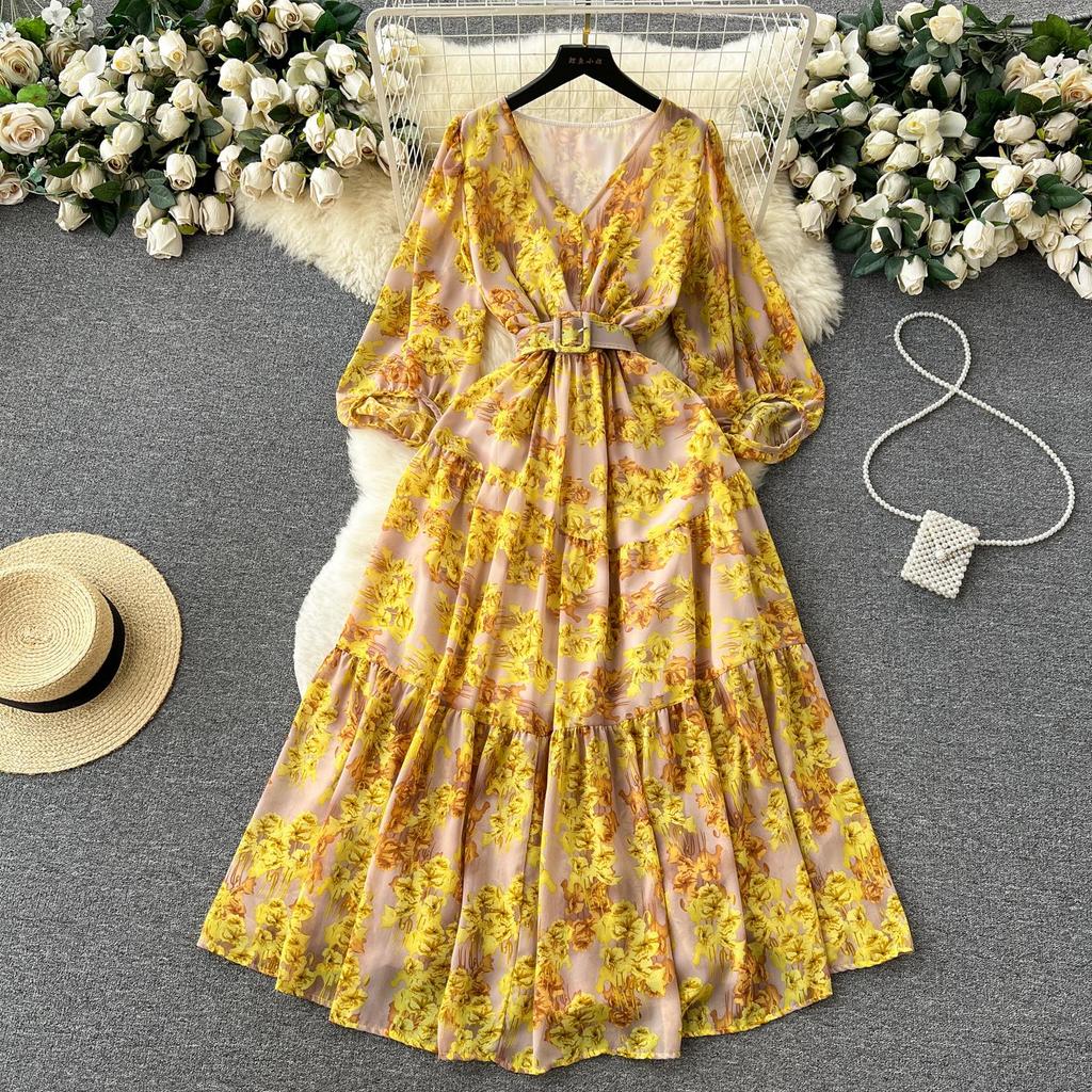 Sonbahar Vintage Kadın Çiçekli Midi Elbise Zarif V Yaka Fener Uzun Kollu Volan Etek A Kesim Kadınlar İçin Yeni Elbiseler
