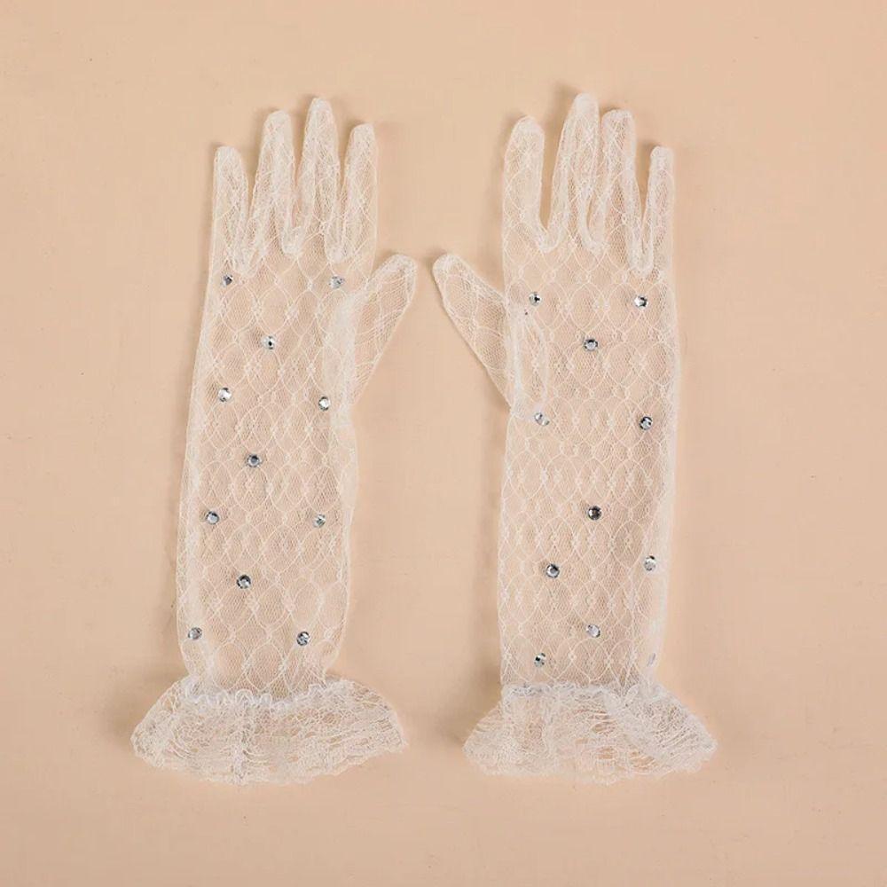 2Pairs Bright Rhinestone Children's Lace Gloves Five Fingers Performance Gloves  Birthday Party