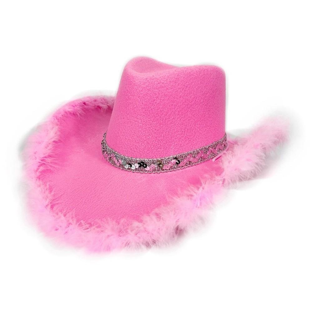 Solid Color Western Cowboy Hat Furry Trim Sequin Cowgirl Hat Top Hat  Cowgirl Party Decorations