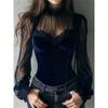 Damen Mesh Spitze Lang Fließend Ärmel Bluse Elegant Hoher Hals Schlank Passend Durchsichtig Gespleißt Korsett Stil Oberteil Party Lässiges Hemd