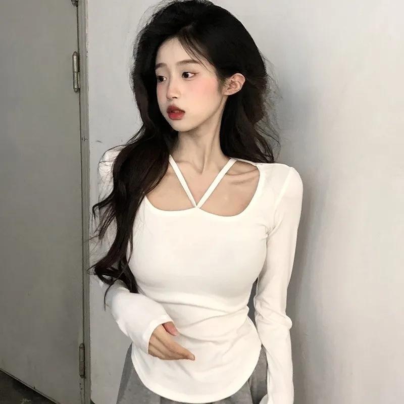 

Pure desire sexy sweet hot girl white long-sleeved T-shirt bottoming shirt women s spring and autumn design sense chic neck short top S белый