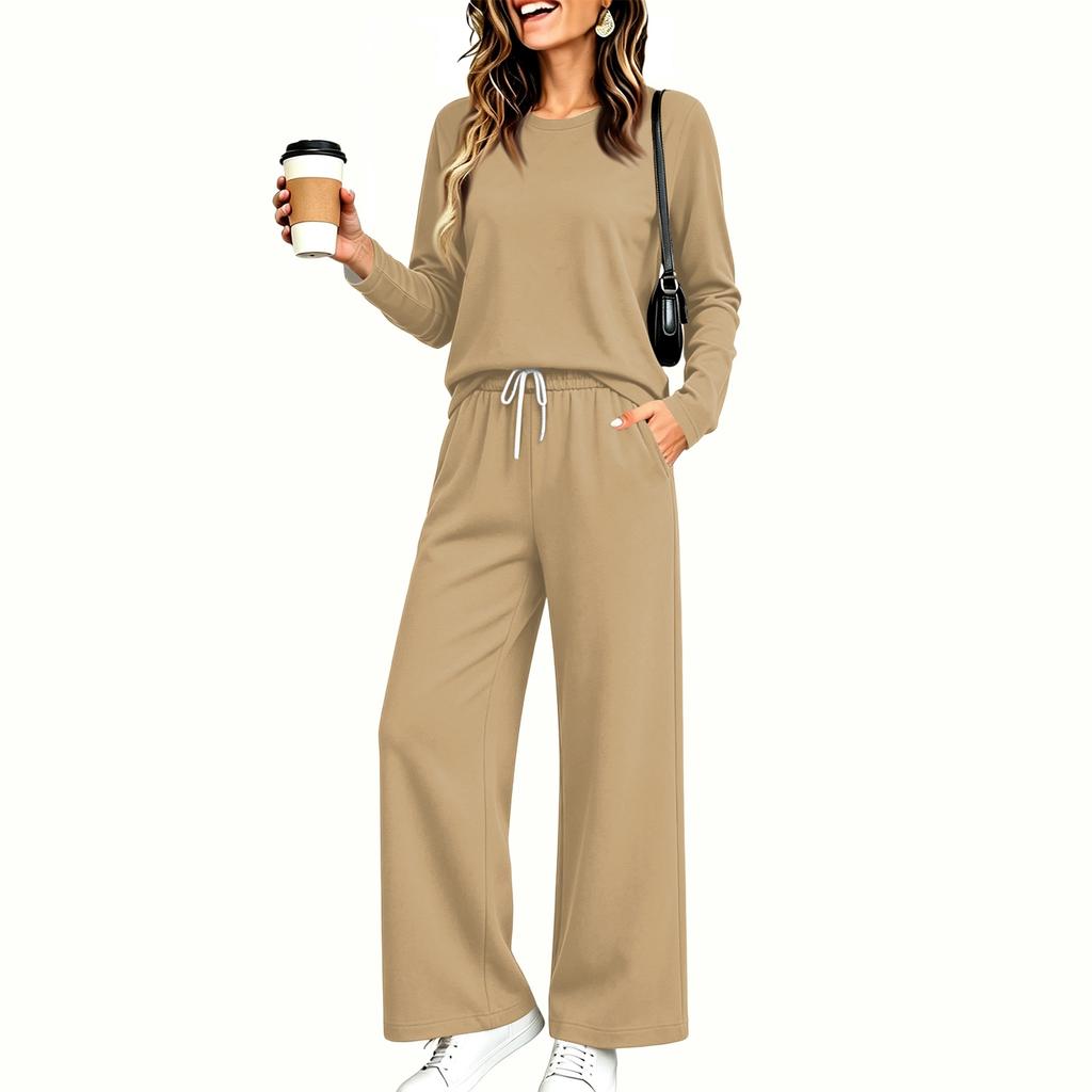 Women's Pajama Set with Pockets, Long Sleeve Round Neck Loose Fit Sleepwear for Home