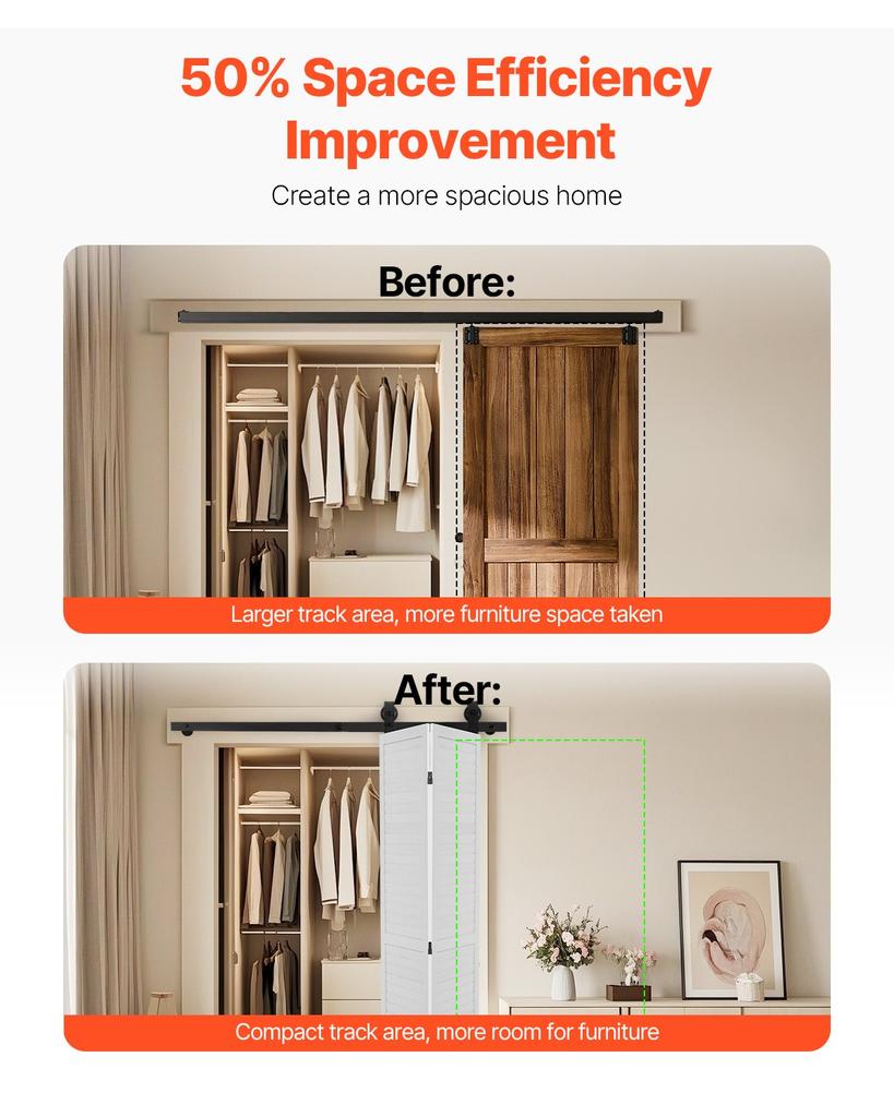 VEVOR Bi-Folding Sliding Barn Door Hardware Track Kit, 52" Top Mount Track Kit, Slide Smoothly & Quietly, Heavy Duty, Easy To Install