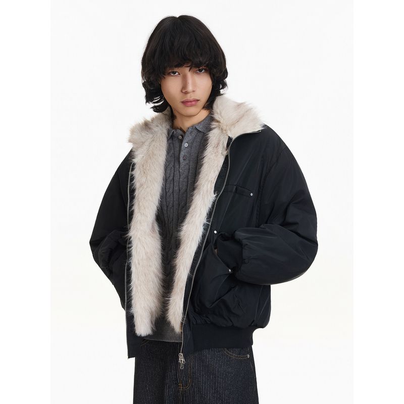 Blaexit American-Style Mountain Carving Fur Collar Parka Short White Cotton Jacket for Men, Winter Thickened Padded Coat for Women
