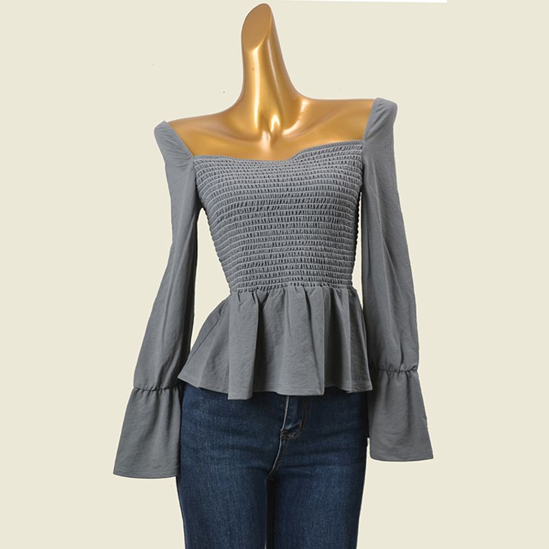 

Fashion Wind Elastic Chest Wrap Long Sleeves Thin Top French Style Design Square-Neck Cinched Pullover Foreign Trade Women s Clothing Grey M