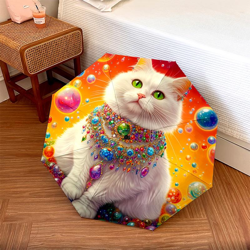 1 шт. Автоматический складной зонт - Узор «Волшебный кот», Портативный и складной дизайн с 8 спицами, Рождественские и новогодние подарки