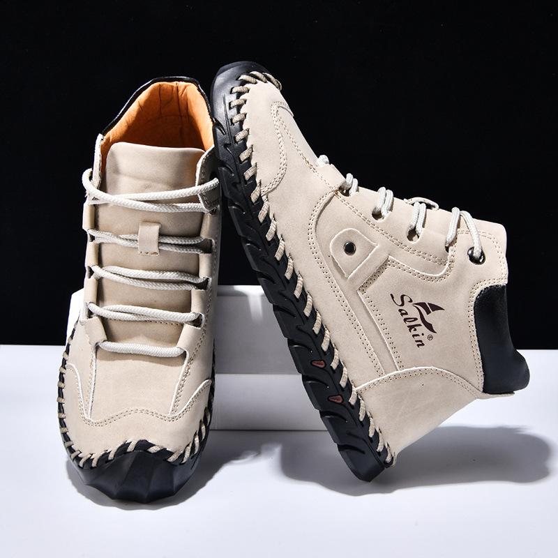 

2025 Autumn/winter Men s Casual Shoes Short Boots Mid Top, Large-sized Handmade Ankle Boots Work Boots 48 бежевый/белый