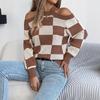 New Autumn and Winter Casual Off-the-shoulder, Color-blocking Checkered Lantern Long-sleeved Sweater Women's Wear