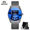 2021 Bestwin Sport Chronograph Wristwatch for Men Casual Gold Quartz Watch with Leather Band Cartoon Style