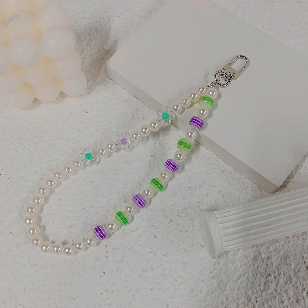 INS handmade string colored striped beads pearl flower anti-loss portable diagonal cross hand carry fashion chain mobile phone chain
