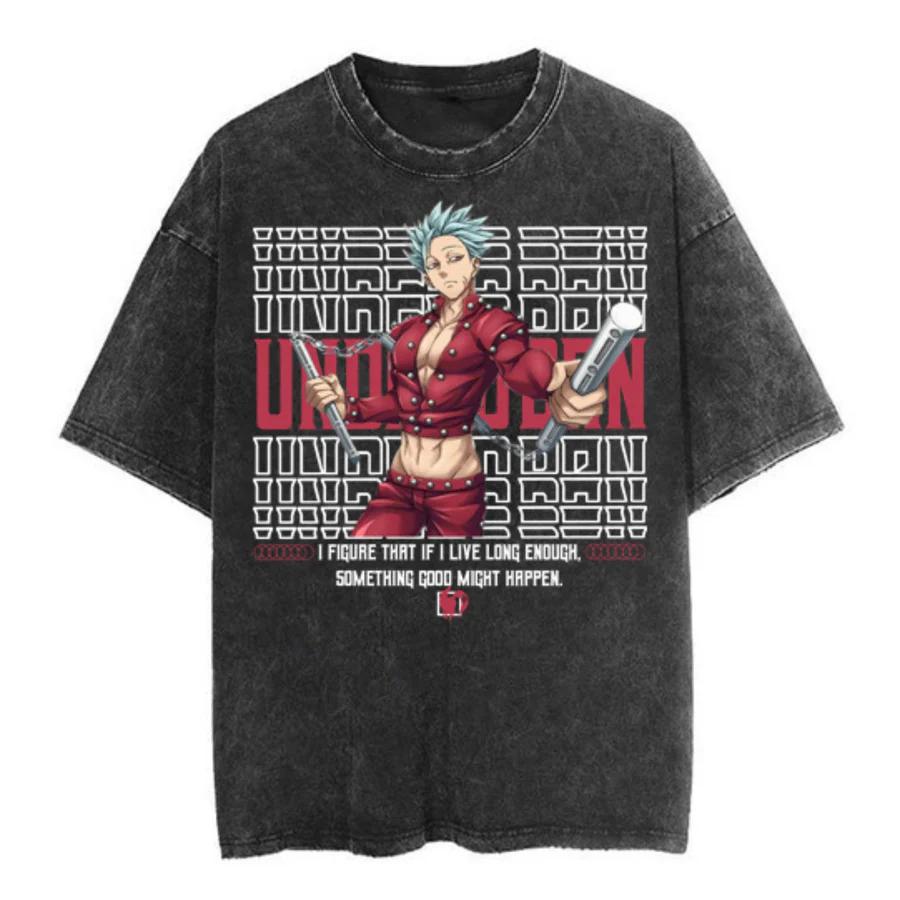 Hot Sale Anime Peripherals The Seven Deadly Sins Ban Print Tshirt Men Women Vintage Washed Cotton Top Oversized Summer New Tees