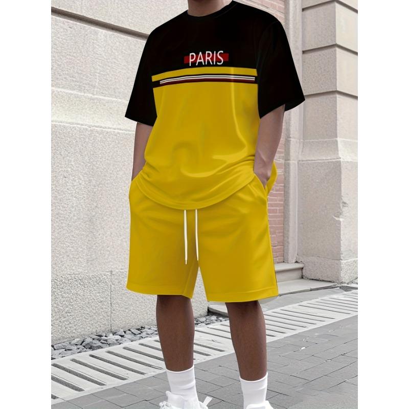 Summer Solid-Color T-Shirt and Shorts Set Letter Print Short-Sleeve Top with Drawstring Shorts Streetwear Men Fashion Sportswear