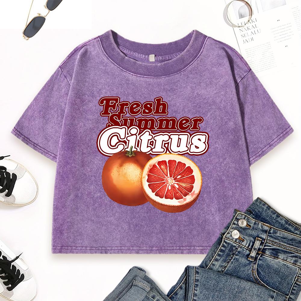 Fresh Summer Citrus Orange Printed Women Washed T Shirt Cotton O-Neck Streetwear Summer Y2K T-Shirts Clothes