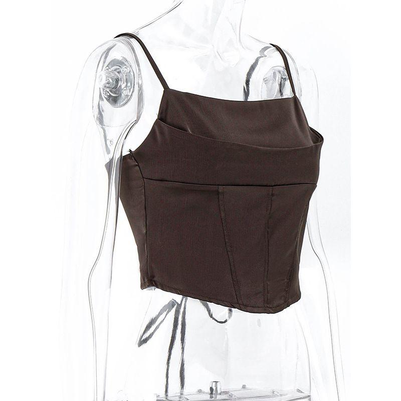 Women Clothes Fashion Gyaru Satin Fishbone Lace-up Navel Sling Base Vest Draping Cutting/three-dimensional Cutting Sexy Slimming Vest