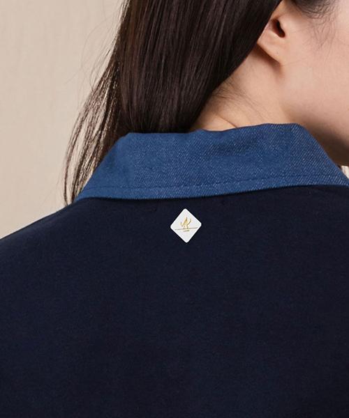 Ellamo Women'S Terry Two-Button Denim Collar Oversized Sweatshirt [Navy]