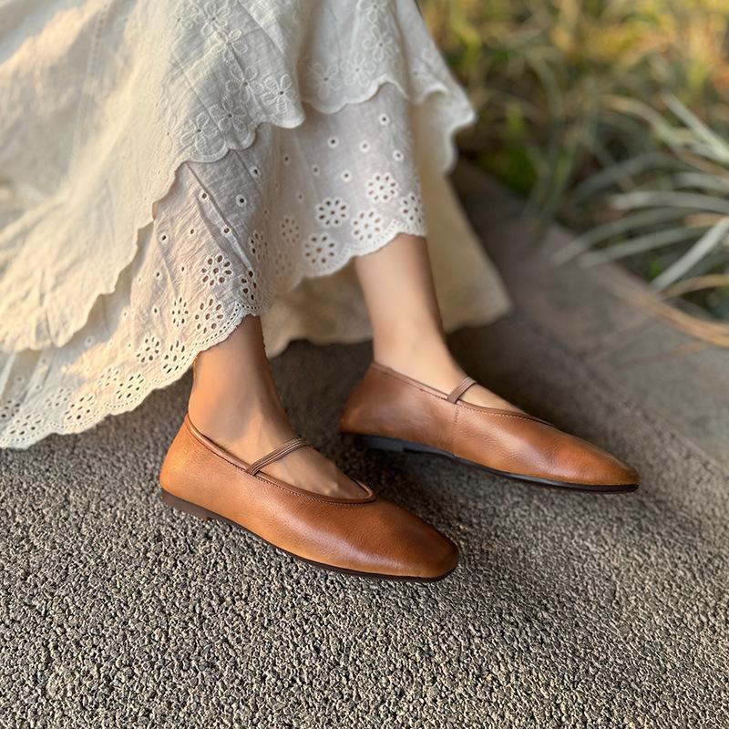 Johnature Genuine Leather Shallow Elastic Band Women Flat Shoes Versatile Round Toe Solid Color Slip-on Shoes