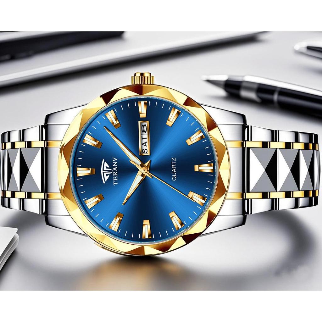 Men's Luminous Double Calendar Quartz Watch with Steel Strap – Hot-Selling