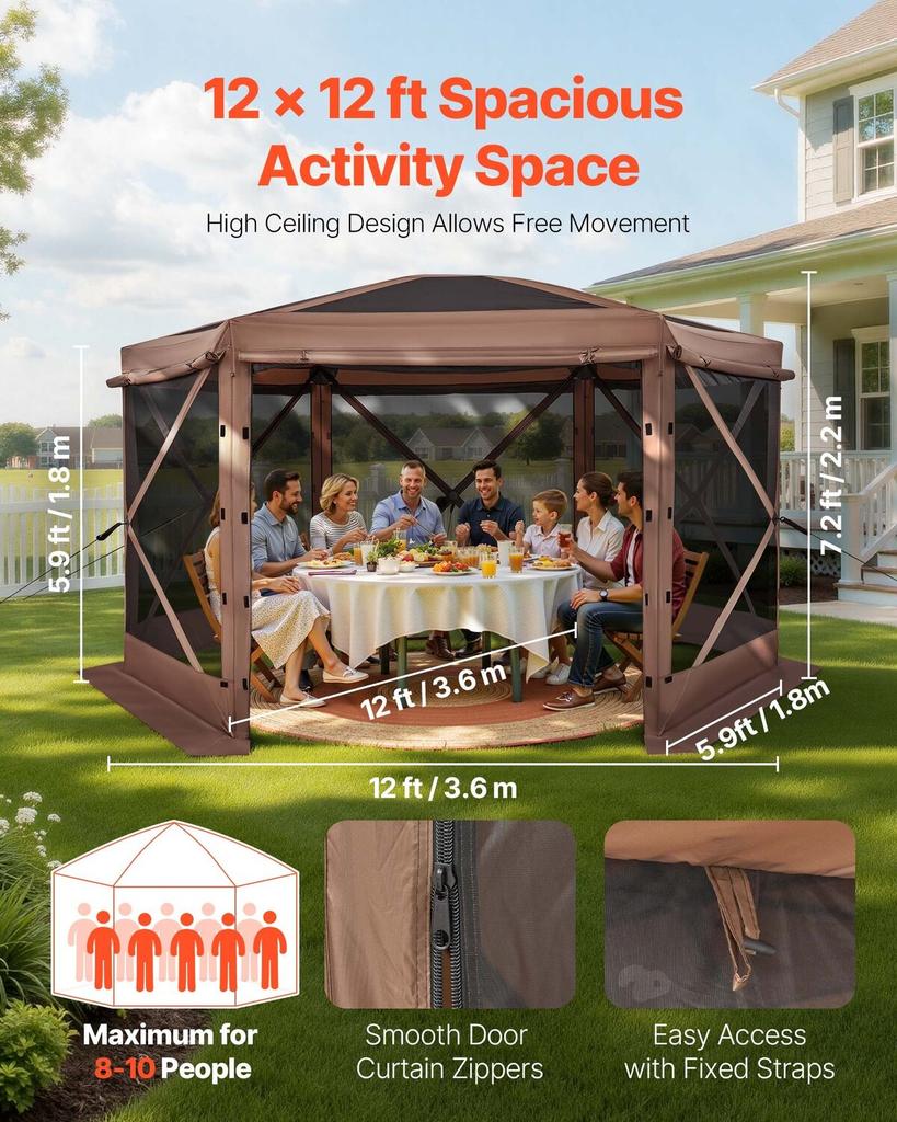 Pop up Gazebo Screen Tent, 3.6 x 3.6 m Large 6-Sided Camping Canopy Tent with Removable Top & Carry Bag, Quick-Set & Bite-Proof, Screen House Sun