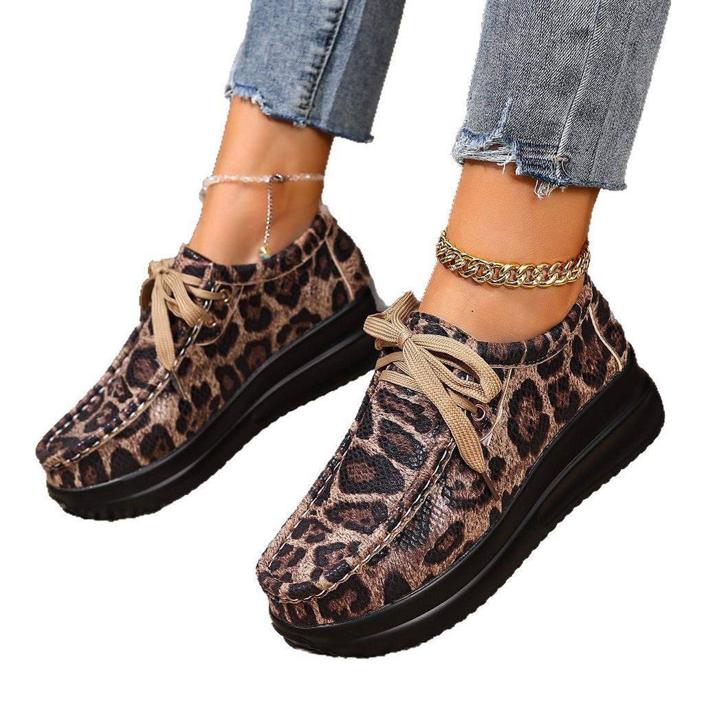 European and American style lace-up thick-soled leopard print low-top single shoes muffin large-size casual lace-up single shoes