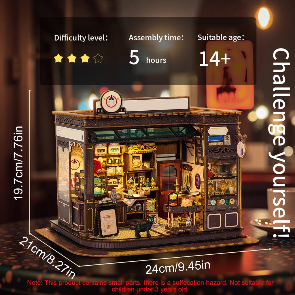 Magisches Kaffeehaus Modellbausatz, Handgefertigtes 3D-Puzzle mit LED-Licht, Miniatur-Holzgebäude für Erwachsene und Jugendliche, Tischdekoration