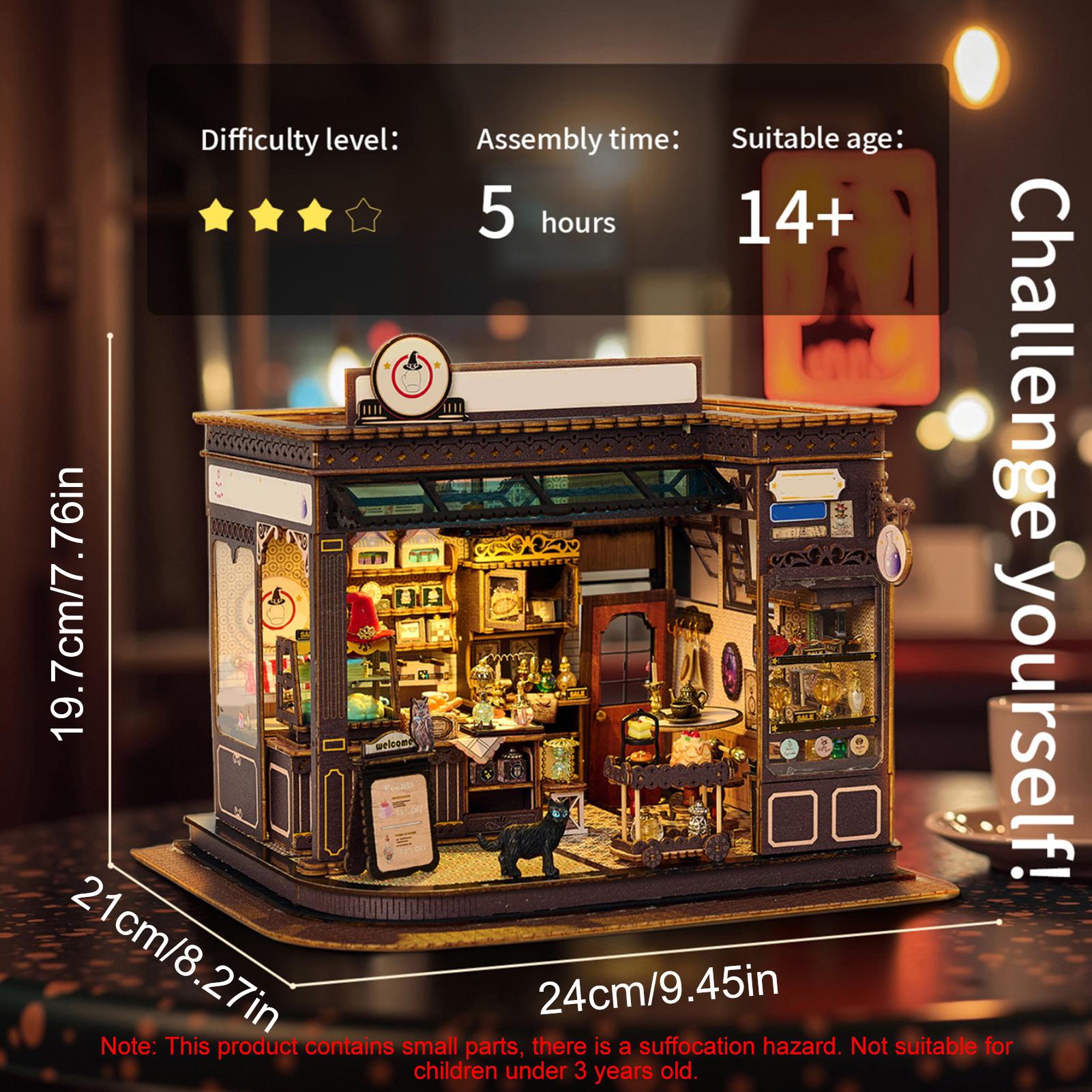 

Magic Coffee House Model Kit, Handmade Assembly 3D Puzzle with LED Light, Miniature Wood Building for Adults Teens,