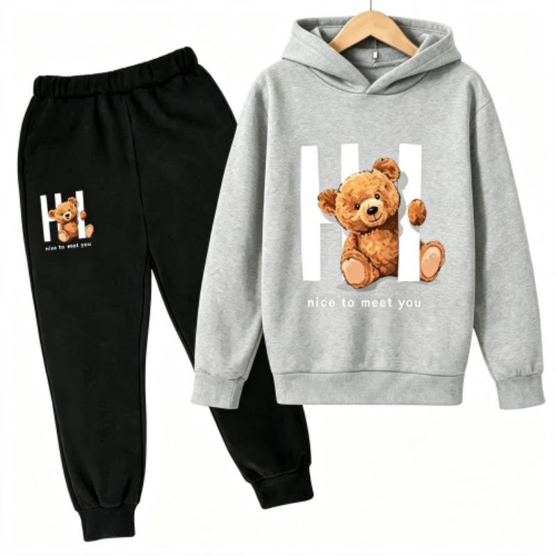 Spring Autumn Fashion Kawaii Anime Cartoon Teddy Bear Print Kids Pullovers Pants 2-piece Set Street Casual Fashion Hoodies Vintage Boy's Girl Clothes