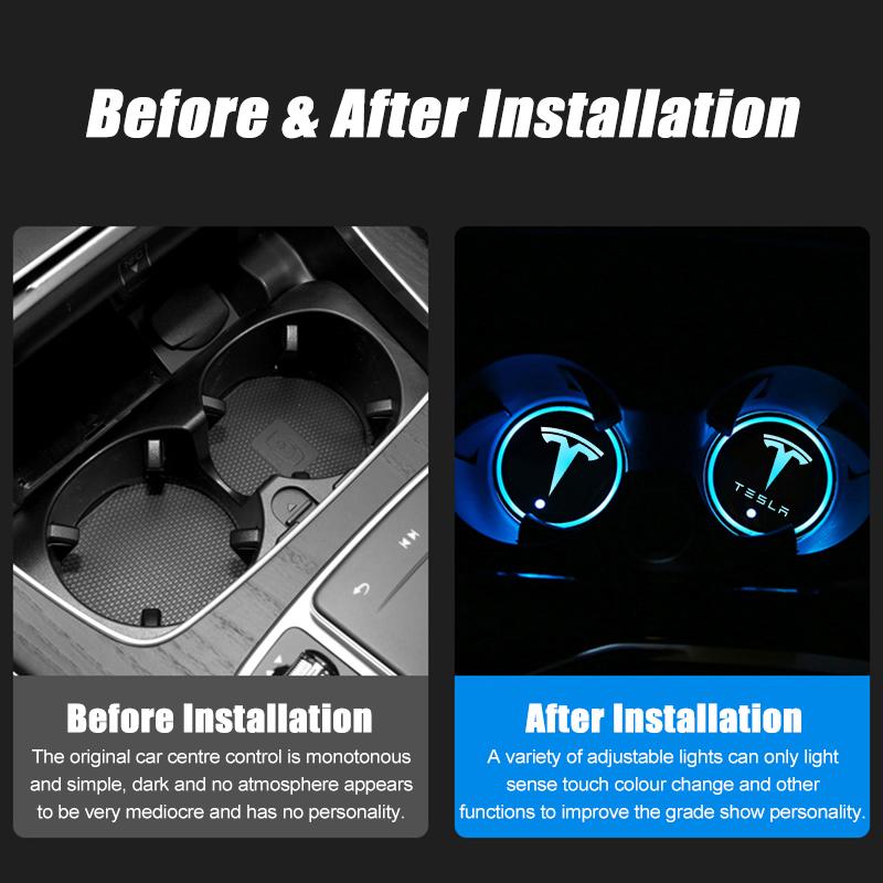 2Pcs 7 Colors Car LED Luminous Water Cup Pads Auto Coaster Mats for Tesla Model Y Model 3 Model S Model X Auto Accessories