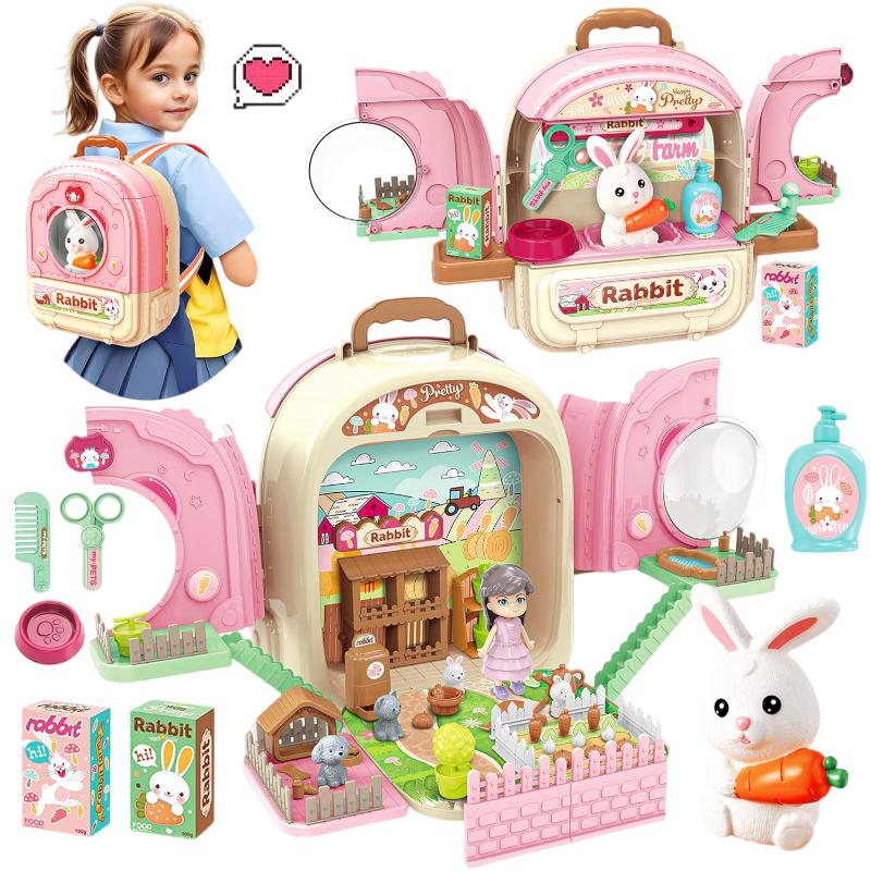 Pet Carrier Backpack 3-in-1 Pet Care Playset, Pretend Play Rabbit Toy Set with Hair Dryer & Accessories for Girls Ages 3+ Easter