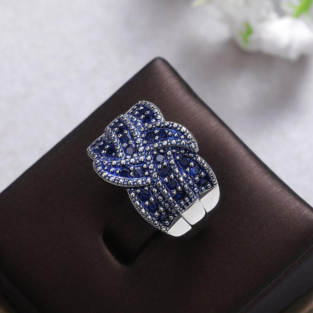 Best-selling fully set sapphire blue zircon ring, European and American women's exaggerated engagement ring