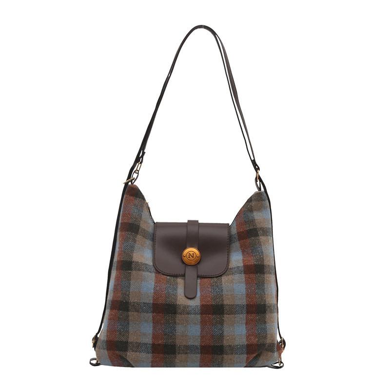 Fashionforward Plaid Tote Bag For Women In Coffee Blue And Yellow With Structure Soft