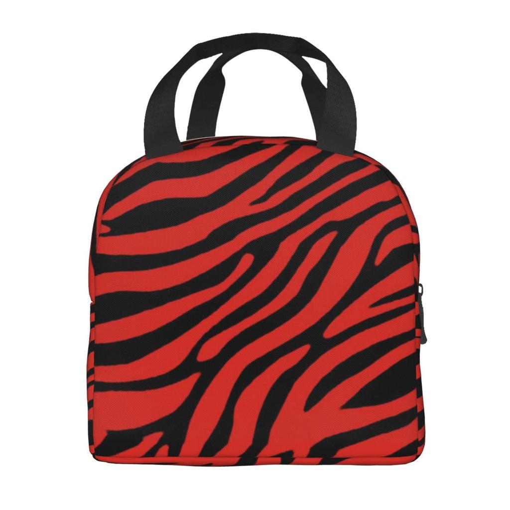 Red Tiger Stripe Print Lunch Bag Waterproof Insulated Canvas Cooler Bag Thermal Cold Food Picnic Travel Tote for Women Children