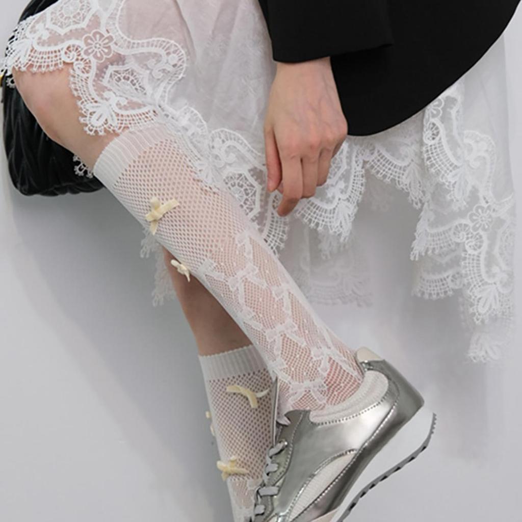 Mesh Bowknot Calf Stockings for Women Vintage Solid Color Summer Breathable Long Socks Sweet Girls Knee High Fishnet Pile Socks