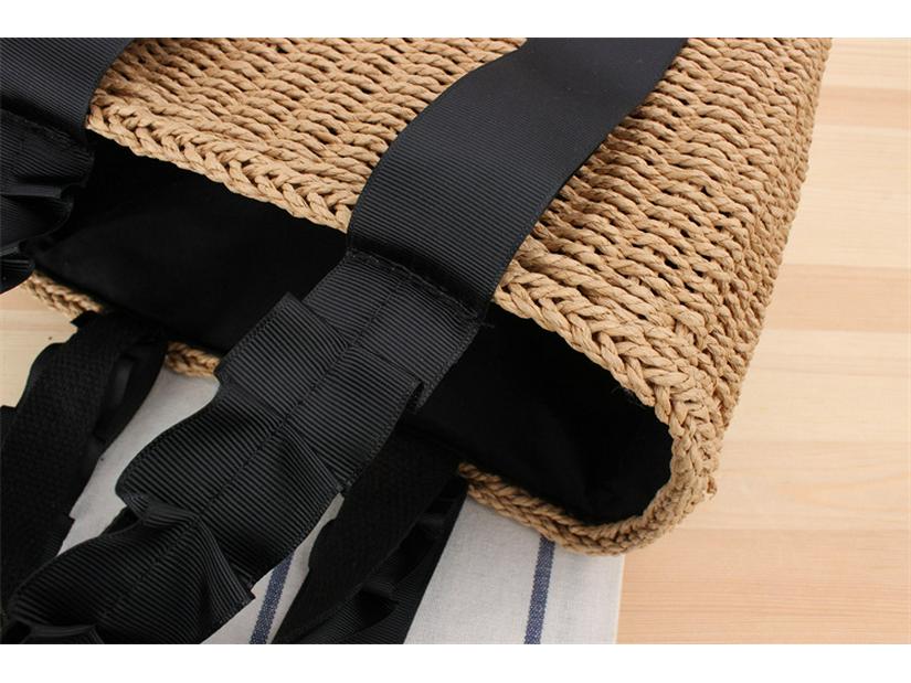 Women's Casual Beach Tote: Solid Color Handheld Paper Rope Bag with Ribbon Handle