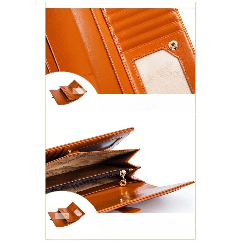 Pure leather three fold women's wallet, long buckle leather, cowhide, multi slot large capacity Korean version women's wallet, leather wallet