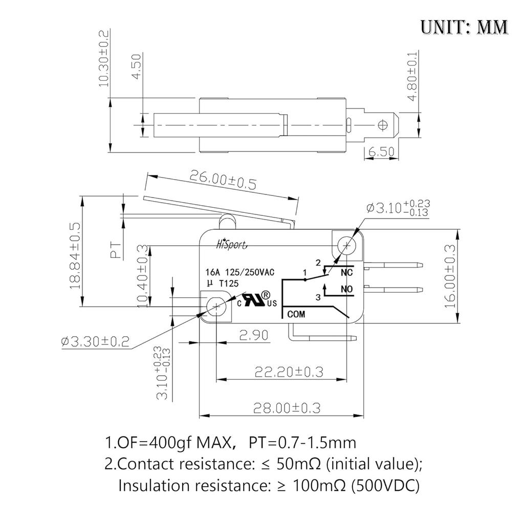 HiSport Micro Limit Switch V-152-1C25 - Compatible with Arduino, Momentary Short Straight Hinge Lever Arm SPDT Snap Action Type 10 PCS