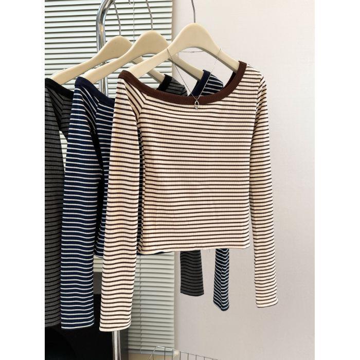 Korean Style Striped Off-Shoulder Long-Sleeved T-Shirt for Women - Spring & Autumn Fashion Large