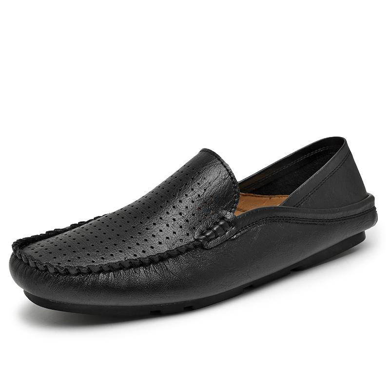 Summer Men's Slip-On Hollow Out Soft Loafers Leather Breathable Work Shoes For Men Comfortable Driving Clog Casual Walking Shoes