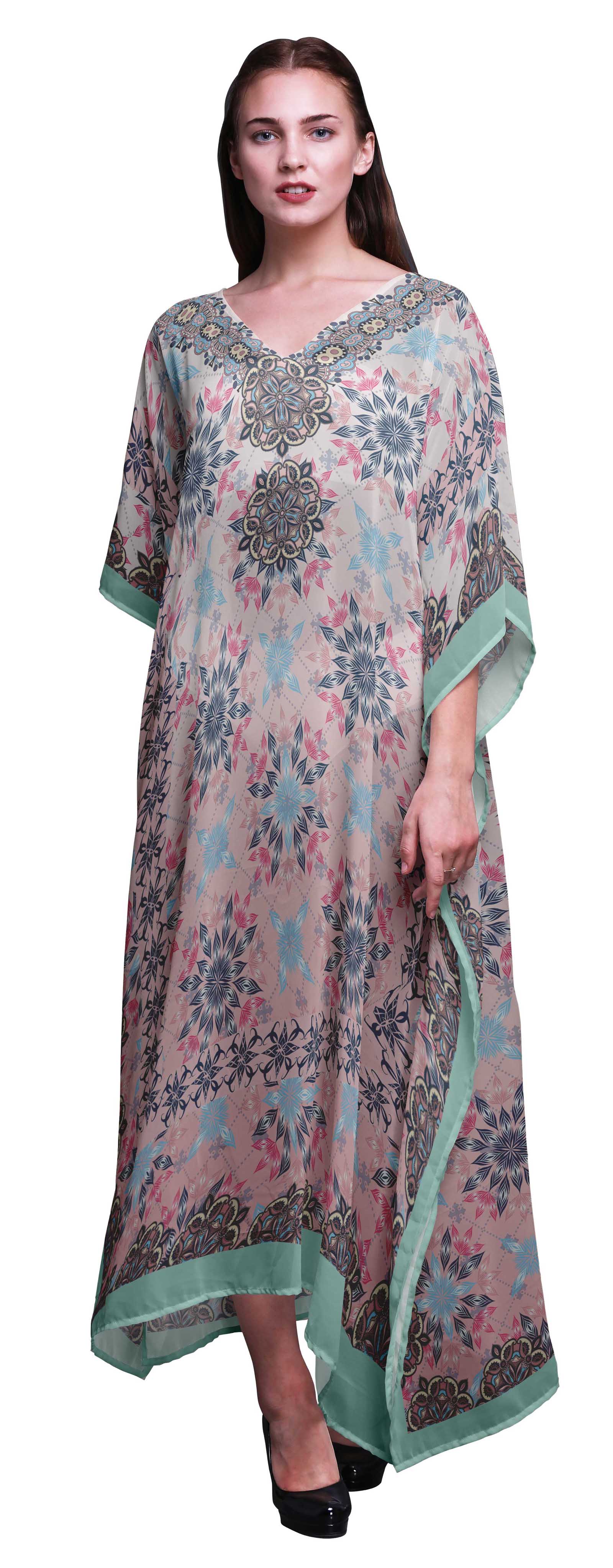 

Phagun Artistic Floral Ethnic Womens Long Beach Kaftan Beachwear Bikini Coverup Maxi XL-3X персиковий