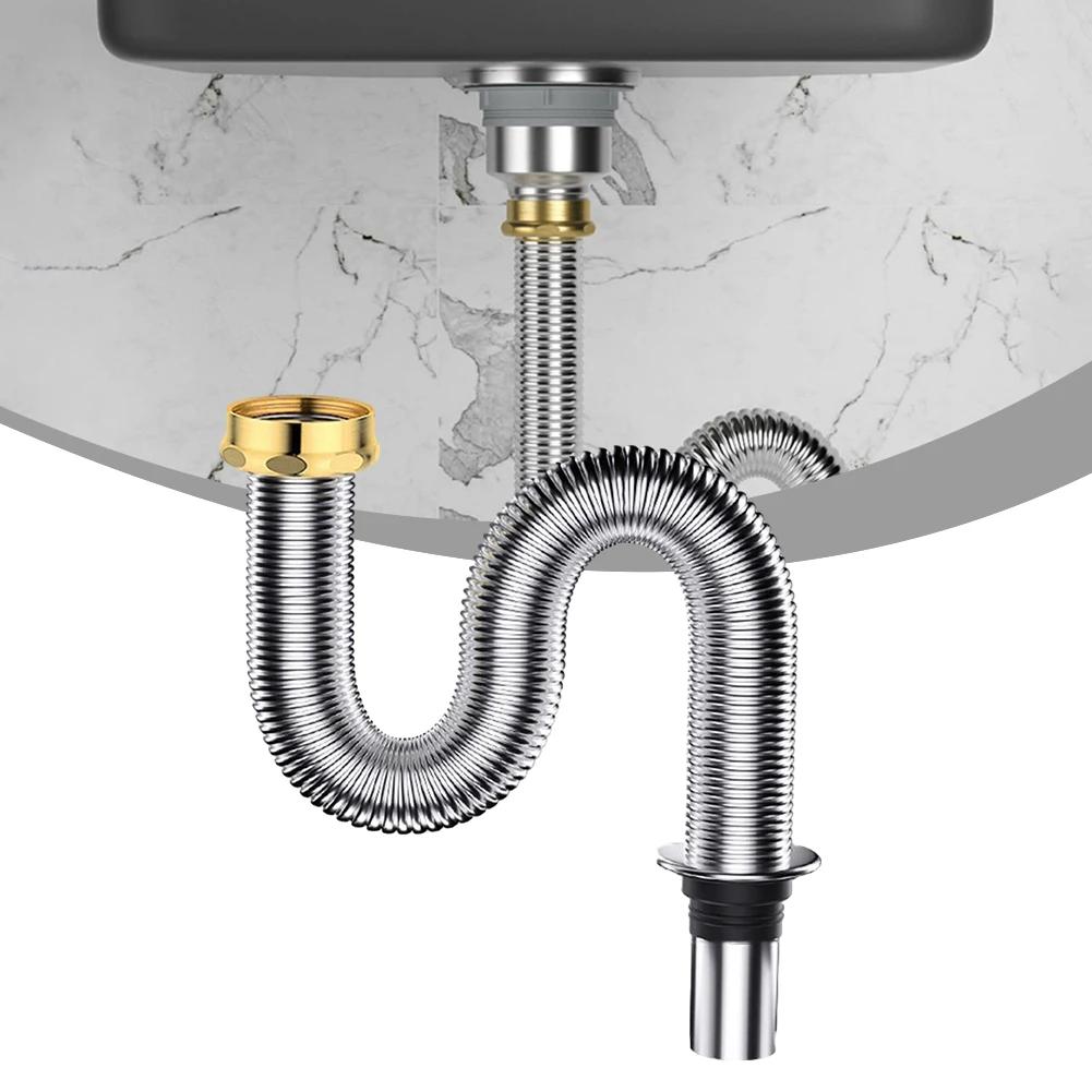 Sink Drain Pipe 40/60cm Stainless Steel Sink Siphon Waste Drain Flexible Pipe Hose Bathroom Kitchen Drain Pipe Accessories